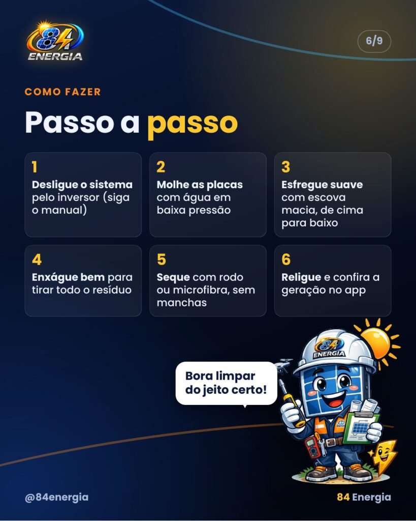 Passo a passo: desligue pelo inversor, molhe, esfregue suave de cima para baixo, enxágue, seque e confira a geração no app